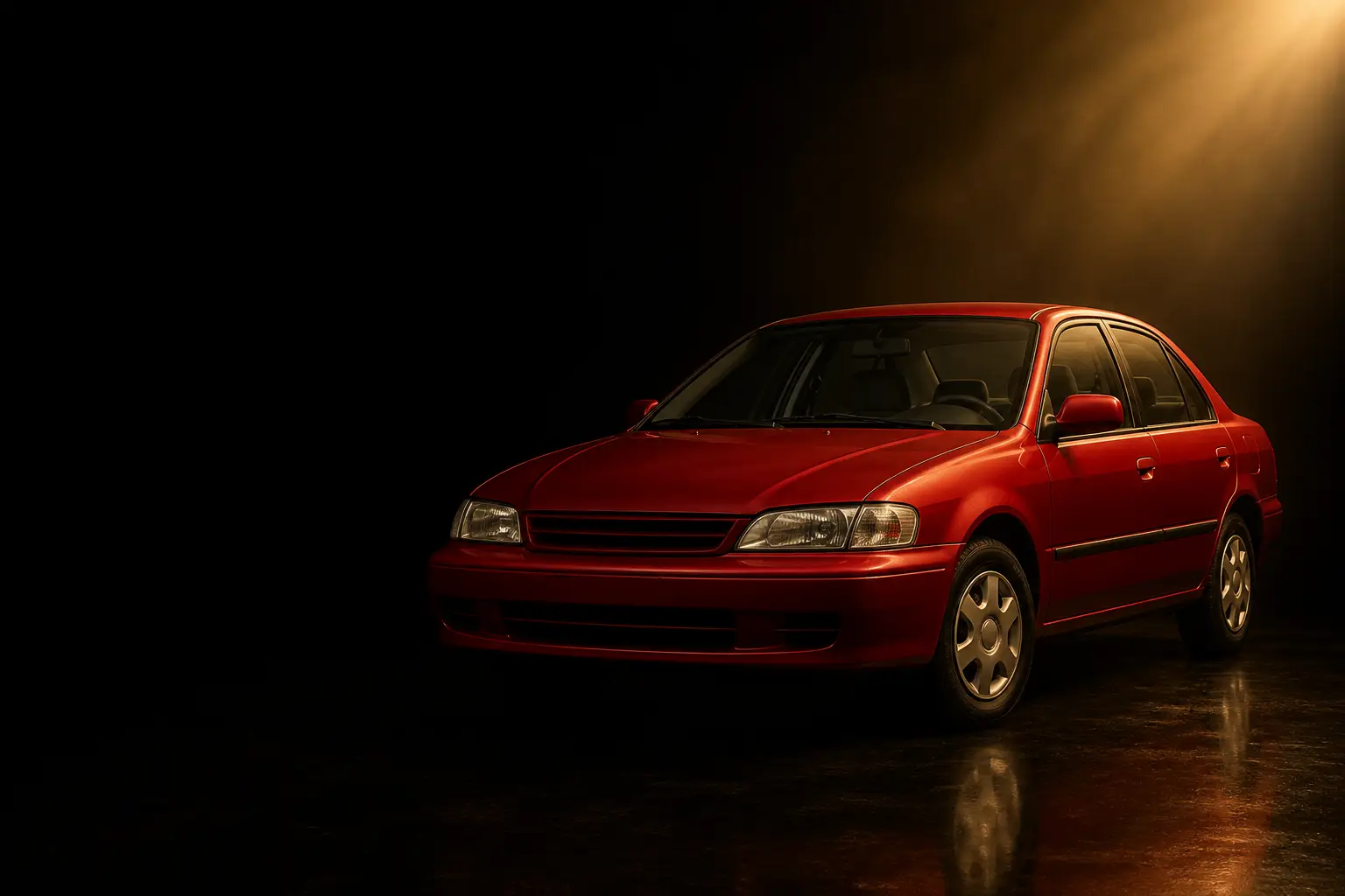 A red everyday car in a dark studio lit by warm gold light